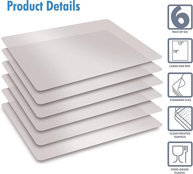 Better Kitchen Products Extra Thick Flexible Frosted Clear Plastic Cutting Mats, 12" x 18", Set of 6