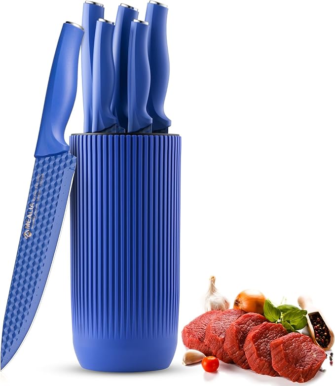 Kitchen Knife Set with Block, 6-Piece Non-stick Stainless Steel Sharp Knives Set for Precision Cutting with Universal Knife Block for Kitchen, Ergonomic Design & Dishwasher Safe, Purple