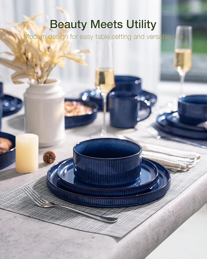 Famiware Star 24-Piece Stoneware Dinnerware Sets, Service for 6 - Reactive Glaze Mugs, Plates and Bowls, Dishes for Everyday/Formal Use, Chip/Scratch Resistant, Microwave/Dishwasher Safe, Nebulas Blue