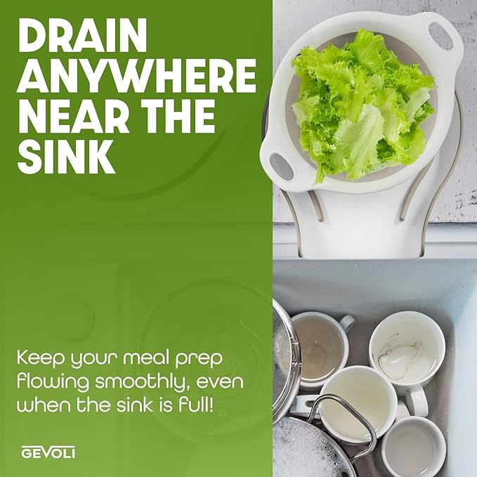 Gevoli 2-in-1 Large Collapsible Colander with Self-draining Base Set - Plastic Side Drain Food strainer for Edge of Kitchen Sink (Beige)