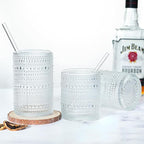 Hobnail Drinking Glasses with Straws, 15 oz & 12 oz Vintage Drinking Glasses Set of 8, Embossed Glasses Drinking Set, Textured Glass Cups for Kitchen, Beer, Juice, Cocktail, Whiskey, Milk