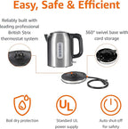 Amazon Basics Electric Kettle, Tea Kettle & Water Boiler with Auto Shut-Off, Boil Dry Protection, Strix Thermostat, BPA-Free, 1500W, 1.1Qt (1L), Stainless Steel, New Model, Black & Silver