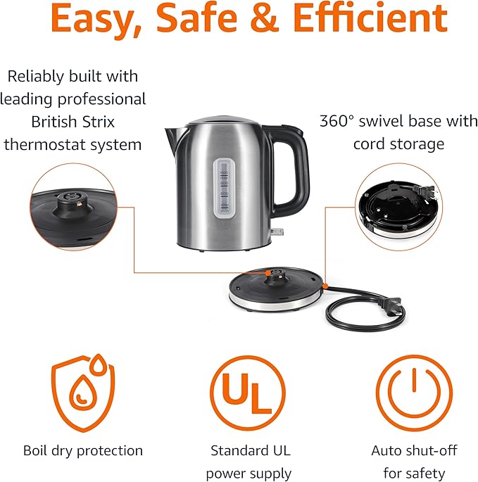 Amazon Basics Electric Kettle, Tea Kettle & Water Boiler with Auto Shut-Off, Boil Dry Protection, Strix Thermostat, BPA-Free, 1500W, 1.1Qt (1L), Stainless Steel, New Model, Black & Silver