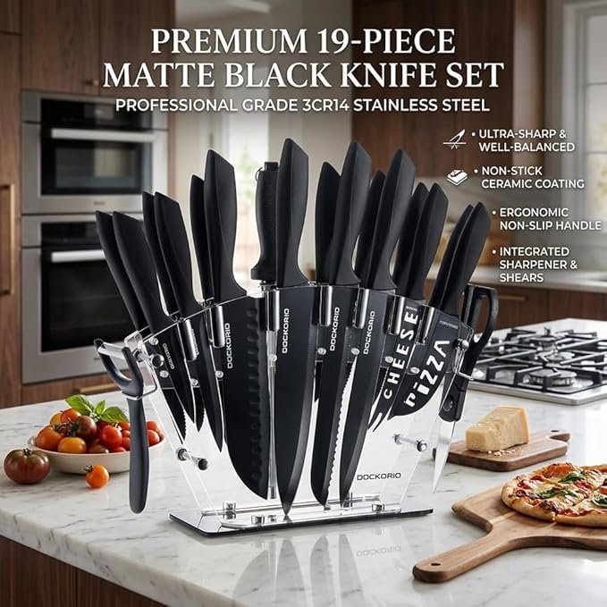 Kitchen Knife Set with Block, 19 PCS High Carbon Stainless Steel Sharp includes Serrated Steak Knives Set, Chef Knives, Bread Knife, Scissor, Sharpener, all in one