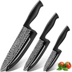 Gourmetop Kitchen Knife Set with Cover 3 Pcs, Black Chef Knife Set for Cooking, Sharp Kitchen Knives with Sheath, 8'' Chef Knife, 5'' Utility, 3.5'' Paring, Damascus Pattern Kitchen Knife for Cutting