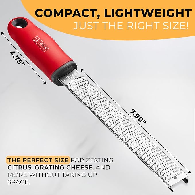 Orblue Lemon Zester & Cheese Grater - Premium Citrus Zester, Kitchen Grater for Parmesan, Chocolate, Fruits, Vegetables, Ginger, Garlic, Nutmeg - Stainless Steel Blades with Protective Cover, Red
