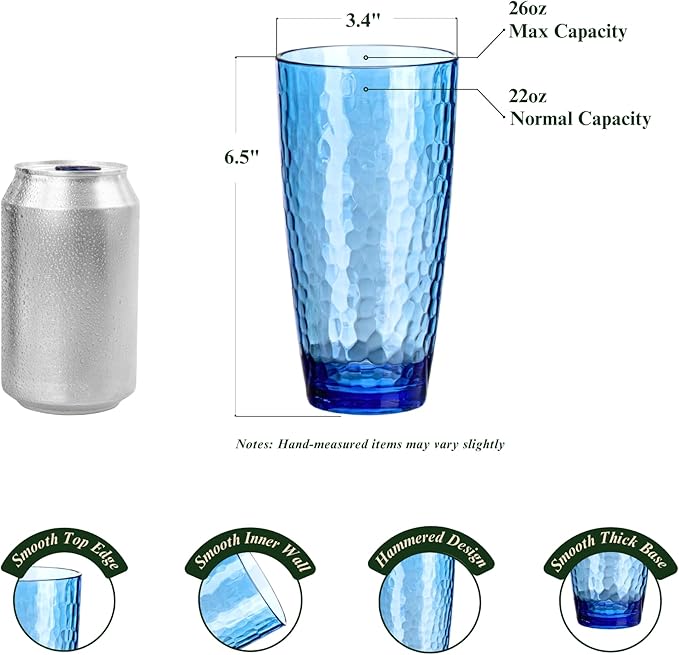 26oz Colorful Acrylic Glasses Drinkware (Set of 8), Hammered Design Shatter-Proof Plastic Cups, Reusable Plastic Drinking Tumblers, Stackable, BPA-Free, Dishwasher-Safe…