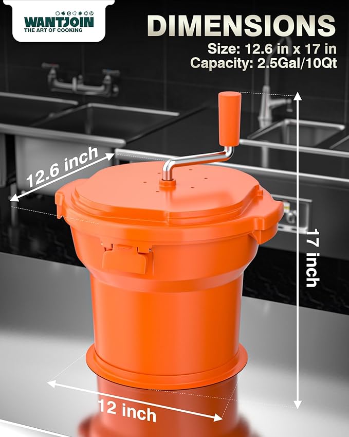 WantJoin Commercial Salad Spinner - 2.5 Gallon Salad Dryer w/Silicone Anti-slip Mat & Draining Hose, 10Qt Manual Salad Spinner for 3 Heads of Lettuce Spinner Large for Catering