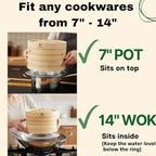 HAPPI STUDIO Bamboo Steamer Basket Set - 10 Inch Large Dumpling 2 Tier for Pots - Asian Cooking Dim Sum Bao Buns Momo Rice - Natural Chinese Steam Baskets Kit with Stainless Steel Ring (10-inch Extra Deep Bamboo Steamer w/ Ring)