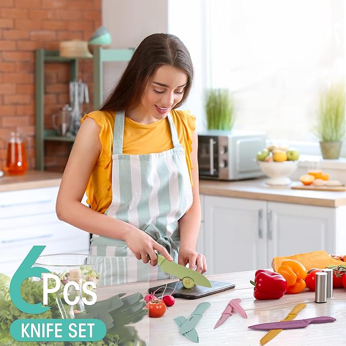 HAUSHOF Kitchen Knife Set, 12-Piece Colorful Knives Set with 6 Sheaths for Kitchen, Non-Stick Coated Stainless Steel Blades for Slicing, Dicing&Cutting, Gifts Knife Set for Dad, Mom, Husband and Wife