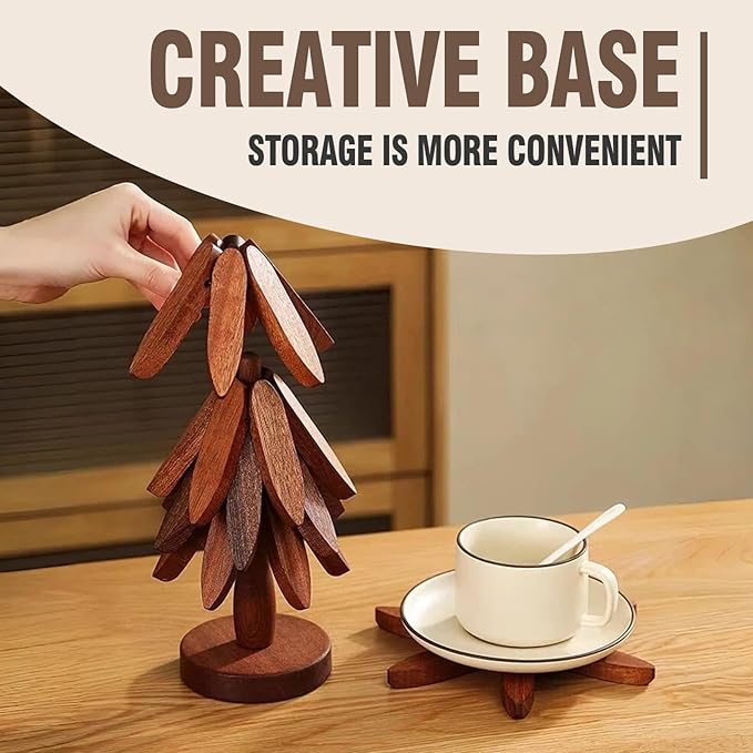 Bamboo Trivets for Hot Dishes, Tree Shape Trivet Set, 5 Bamboo + 1 Stand stored Like a Tree,Foldable Kitchen Wooden Trivet, for Hot Pot Holders for Pots, Bowls and Teapot