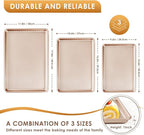 Baking Sheet Pan Set of 3, Commercial Cookie Sheets for Baking, Nonstick Half/Quarter/Jelly Roll Pans Replacement Toaster Oven Tray, Heavy Duty & Easy Clean, Rose Gold