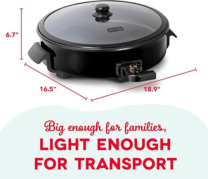 Dash Family Size Skillet - Electric Skillet for Multi-Purpose Cooking - Nonstick Cooking Surface - Tempered Glass Lid & Cool-Touch Handles - 6-Quart Capacity, Makes 24 Cups - 14", Black