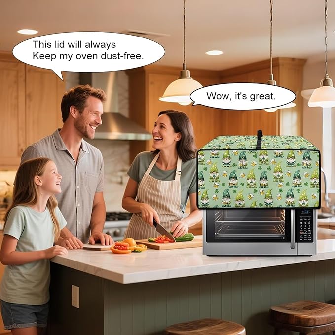 St. Patrick's Day Gnome Print Toaster Oven Cover, Clover Beer Pattern Anti Scratch Microwave Cover for Kitchen Countertop Appliance Dust Protector Decorative Oven Accessories, Green, S