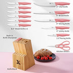 XANAPON 14-Piece Kitchen Knife Set with Block, High Carbon Stainless Steel Sharp Chef Knives with Built-in Sharpener, Ergonomic Handles, Professional Cutlery for Home Cooking & Gifts, Pink