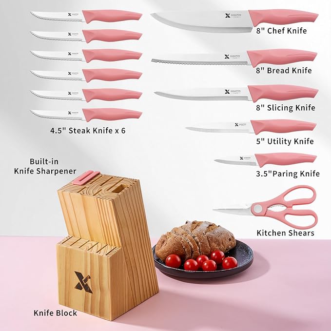 XANAPON 14-Piece Kitchen Knife Set with Block, High Carbon Stainless Steel Sharp Chef Knives with Built-in Sharpener, Ergonomic Handles, Professional Cutlery for Home Cooking & Gifts, Pink