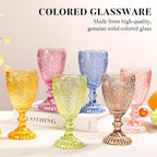 Colored Vintage Wine Glasses Set of 6 – 10.5 Ounces Colored Glass Water Goblets, drinking glasses for Mothers Day, Wedding, Holiday, or Fancy Glassware for everyday