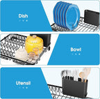 Urackify Over The Sink Dish Drying Rack, in Sink Dish Rack with Expandable Feet, Small Dish Drainer, Home Plate Dryer Storage Rack with Cutlery Holder, Black