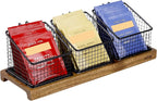 HTB Tea Organizer for Tea Bags, Tea Bag Holder with Acacia Wood Stand and 3 Removable Metal Basket for Sugar Packets, Sweeteners, Creamers for Cabinet, Countertop