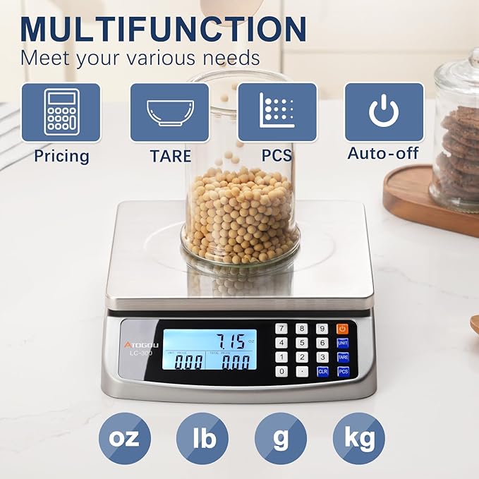 Atogou 110lb Food Scale, Commercial Kitchen Scale with Price Computing, Plug-in Usable, 0.05oz/1g, 304 Stainless Steel, for Cooking, Vegetables, Farm, Industry, Counting. LC300 Grey