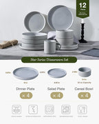 Famiware Star 12-Piece Stoneware Dinnerware Sets, Service for 4 - Handcrafted Reactive Glaze Plates and Bowls, Modern Rustic Dishes, Chip & Scratch Resistant, Microwave & Dishwasher Safe, Matte Gray