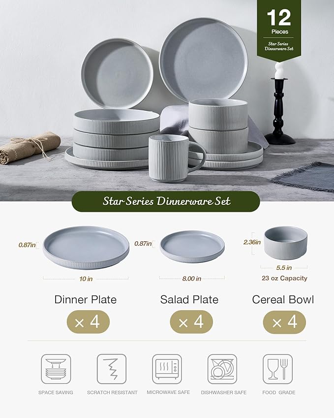 Famiware Star 12-Piece Stoneware Dinnerware Sets, Service for 4 - Handcrafted Reactive Glaze Plates and Bowls, Modern Rustic Dishes, Chip & Scratch Resistant, Microwave & Dishwasher Safe, Matte Gray
