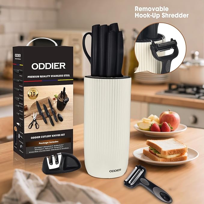 Knife Set, 10 Piece Kitchen Knife Set with Block and Sharpener, Anti-Rust Stainless Steel Knives Set for Kitchen, Chef Universal Knife Block Set, Dishwasher Safe, Ergonomical Design, White