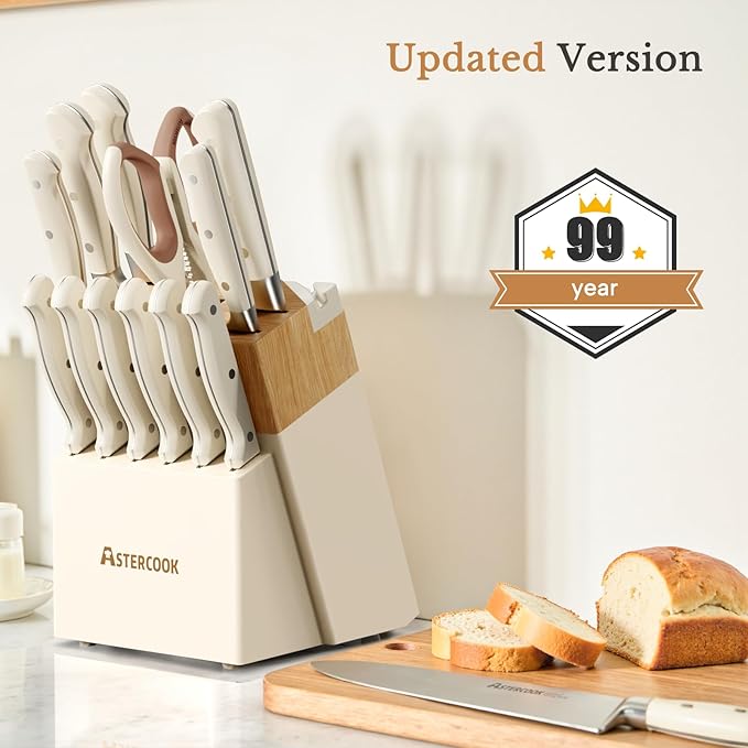 Knife Set,Astercook Kitchen Knife Set with Block 14-Piece Full Tang Stainless Steel Knives with Sharpener Dishwasher Safe and Anti-Slip Ergonomic Handle Valentine's Gift Utensils Set