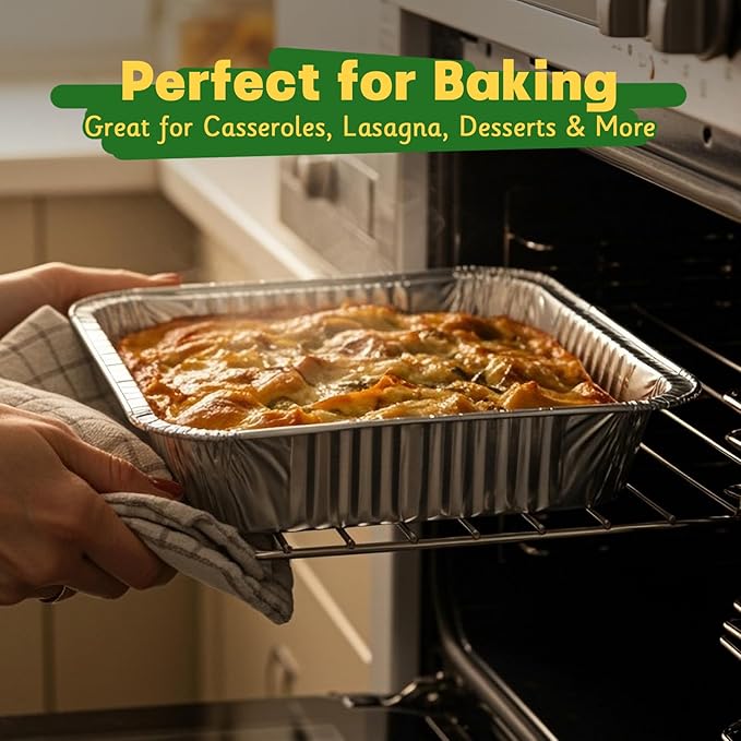 9x13 Aluminum Pans with Lids [25 Pack], Extra Heavy Duty Half Size Disposable Foil Pans, Deep Baking Pans for Cooking, Roasting, Heating, and Steam Tables