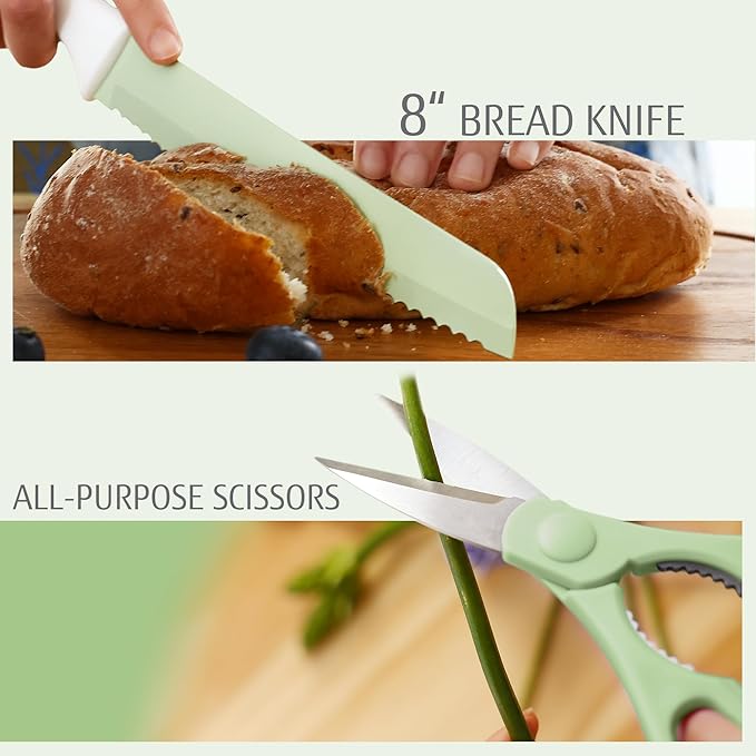 hecef 15 Pieces Kitchen Knife Set with Built-in Sharpening Wooden Block, Dishwasher Safe, High Carbon Stainless Steel Knife Block Set with Steak Knives, Kitchen Scissors, Green
