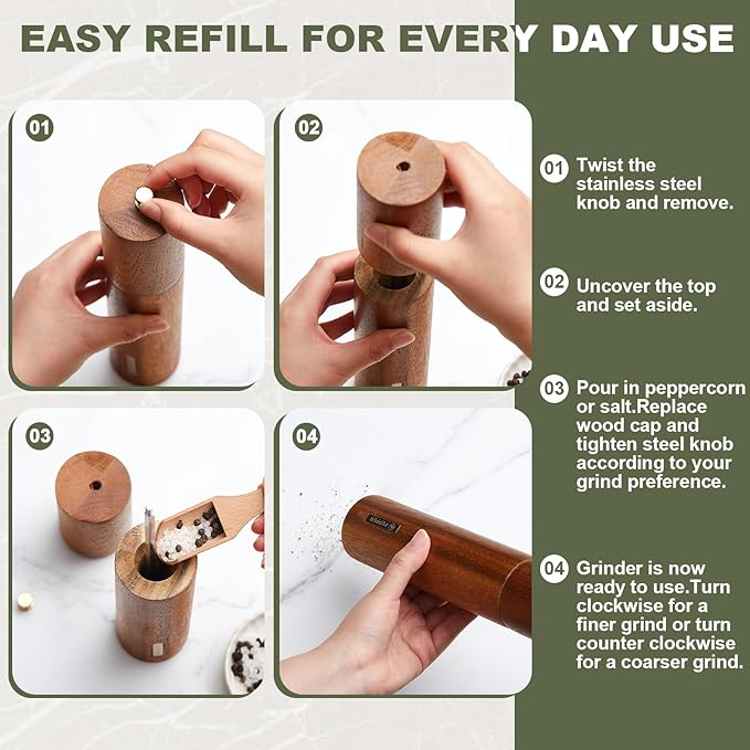 Wooden Salt and Pepper Grinder Set 10 Inch Manual Salt and Pepper Mill with Tray Adjustable Coarseness Refillable Wood Grinders with Gold Bottle Label for Kitchen(Wood Color)