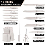 E-far Knife Set with Block, 15 Pieces Kitchen Knife Block Set with Sharpener, High Carbon Stainless Steel Sharp Chef Knife Set with Ergonomic Handles, Anti Rust, Khaki