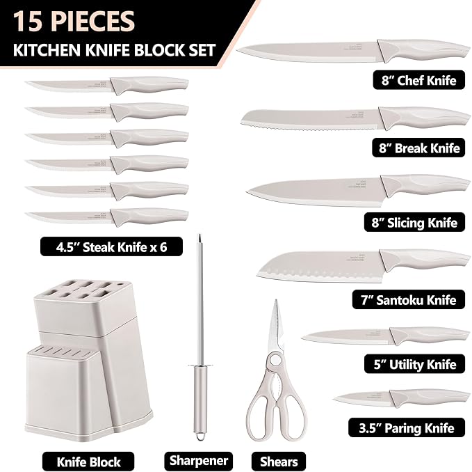E-far Knife Set with Block, 15 Pieces Kitchen Knife Block Set with Sharpener, High Carbon Stainless Steel Sharp Chef Knife Set with Ergonomic Handles, Anti Rust, Khaki