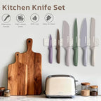 Astercook Knife Set, 13 Pieces Kitchen Knives Set with Healthy Anti-Rust Coating, Dishwasher Safe, Stainless Steel Chef Knife Sets with 6 Blade Guards, Perfect Holiday Gifts for Kitchen Morandi