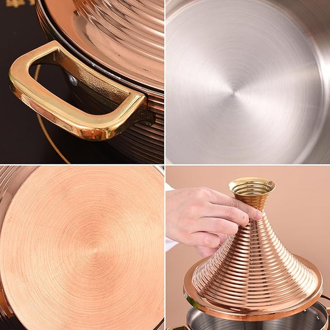 Moroccan Tagine Cooking Pot,Stainless Steel Non Stick Moroccan Casserole with 2 Handles,Large Moroccan Cooker Handmade Tagine Pot with Cone-Shaped Lid(22cm, Rose Gold)