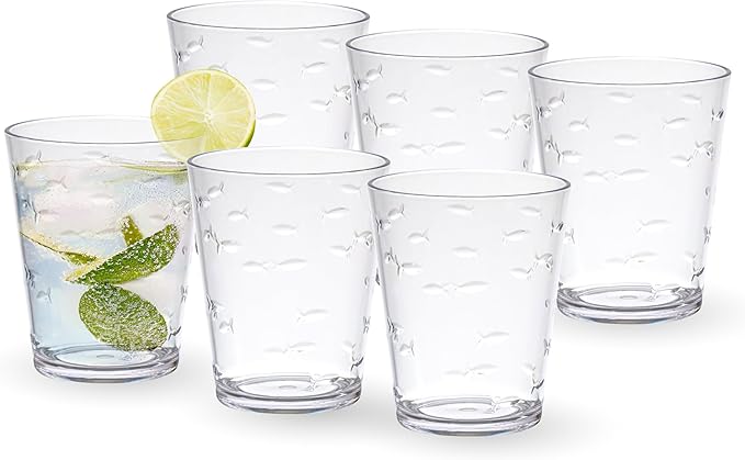 KLIFA- CHARLESTON- 16.5 oz, Set of 6, Acrylic Fishing Tumbler, School of Fish Drinking Glasses, BPA-Free, Stackable Plastic Drinkware, Dishwasher Safe Cups, Clear