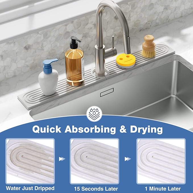 DK177 Faucet Mat for Kitchen Sink - Water Absorbing Stone Tray for Sink, Painted Wood Fast-Drying Faucet Mat, Faucet Splash Guard for Bathroom Counter (White, 15.8" x 4")