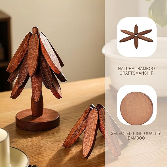 Bamboo Trivets for Hot Dishes, Tree Shape Trivet Set, 5 Bamboo + 1 Stand stored Like a Tree,Foldable Kitchen Wooden Trivet, for Hot Pot Holders for Pots, Bowls and Teapot