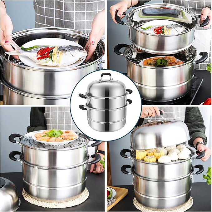 MANO Steamer Pot for Cooking 12.6 inch Steam Pots with Lid 2-tier Stainless Steel Steaming Pot Multipurpose Cookware with Handle for Vegetable, Dumpling, Stock, Sauce, Food…
