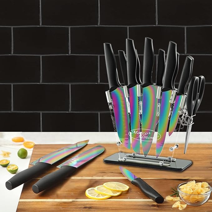 Marco Almond® Knife Block Set,14-Piece Rainbow Color Stainless Steel Knife Sets for Kitchen with block, KYA35 Chef Cooking Knives Set with Acrylic Stand