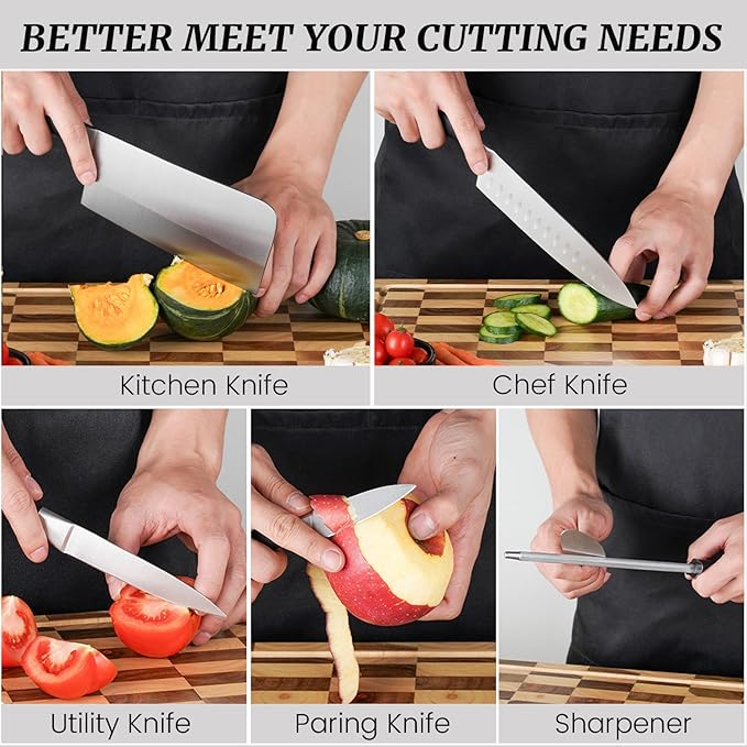 Kitchen Knife Set, Retrosohoo 8-Piece Grey Sharp Non-Stick Coated Chef Knives Block Set,Stainless Steel Knife Set for Kitchen with Sharpener for Cutting Slicing Dicing Chopping (Grey)
