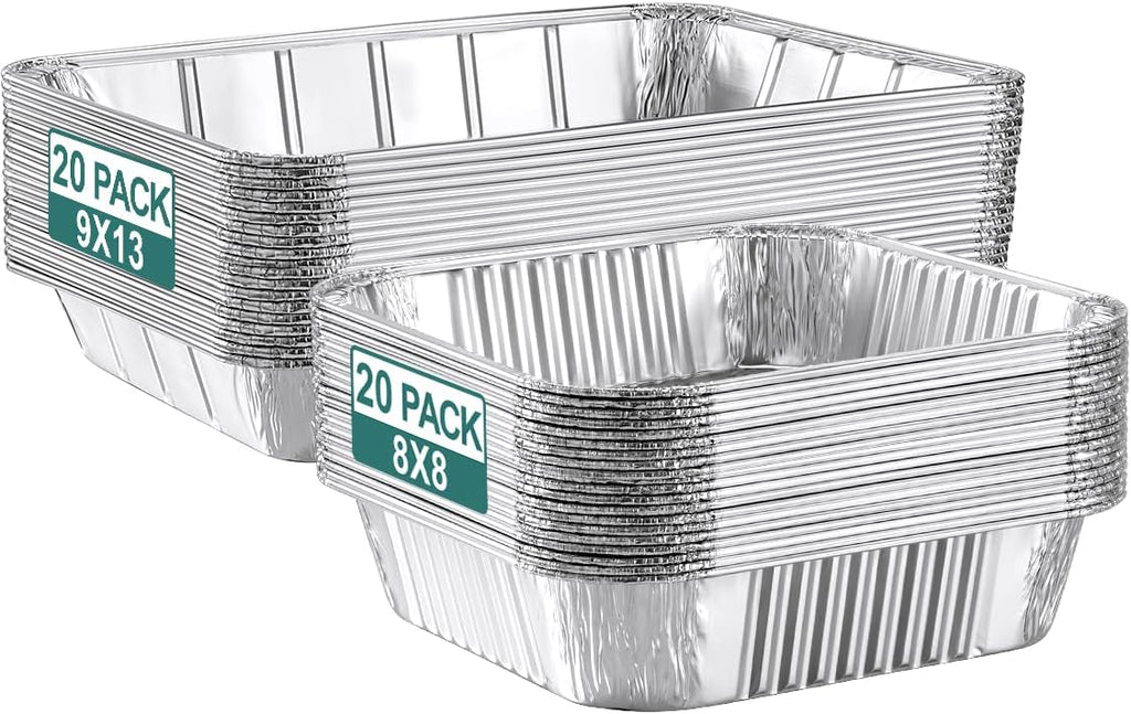 NEEBAKE 40 Pack Disposable Aluminum Pans Combo Set - 20 Large 9x13 Aluminum Foil Pans Half Size & 20 Small 8x8 Tin Foil Baking Pans, Tin Trays Containers for Meal Prep, Food Cooking, Roasting, Heating