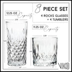 Vikko Rock and Tumbler Set, 8 Piece Set of Elegant Glasses, 4 Tall 12.25 Ounce Glasses and 4 Short 11.25 ounce Whiskey Glasses