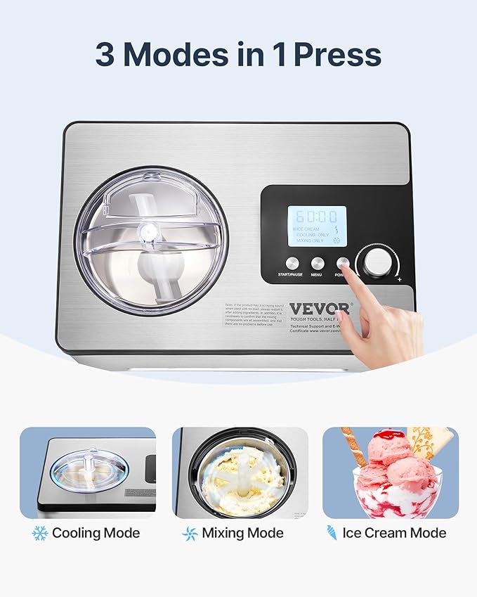 VEVOR Automatic Ice Cream Maker with Built-in Compressor, 2 Quart No Pre-freezing Fruit Yogurt Machine, Stainless Steel Electric Sorbet Maker, 3 Modes Gelato Maker with LCD Display & Timer, Silver