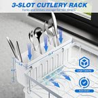 Godboat Dish Drying Rack, 2-Tier Dish Rack with Auto-Drain & Mat, Dish Racks for Kitchen Counter, Dish Drainer with Knife, Fork & Cup Rack, Gifts for Women, Mothers Day, Kitchen Gadgets, White