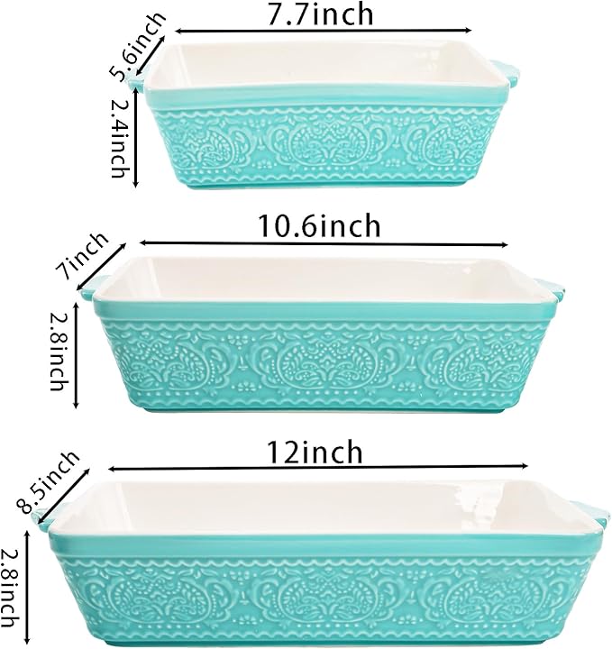 SOUJOY Ceramic Baking Dish Set of 3, Oven-to-Table and Non-Stick Rectangular Casserole Dishes with Sturdy Handles, Space-Saving Stack Lasagna Pan for Cooking, Serving, Roasting, Gifting, Turquoise