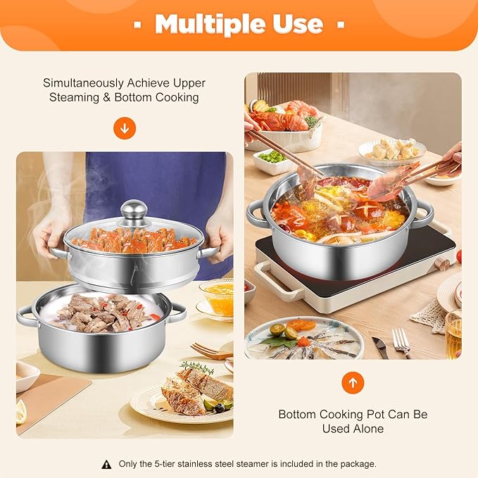 5-Tier Stainless Steel Steamer, 10.2 Inch Commercial Multi Tier Stainless Steel Cookware Pot Vegetable Meat Steamer Cooker Set w/Glass Lid for Steaming Shrimp & Miscellaneous Grains