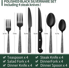 EWFEN 24-Piece Black Silverware Set with Steak Knives, Black Flatware Set for 4, Food-Grade Stainless Steel Tableware Cutlery Set, Mirror Finished Utensil Sets for Home Restaurant, Hammered Edge