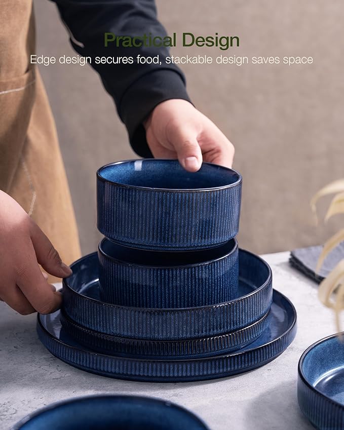 Famiware Star 16-Piece Stoneware Dinnerware Set, Service for 4, Reactive Glaze Mugs, Plates and Bowls, Dishes with Trim, Modern Rustic, Chip/Scratch Resistant, Microwave/Dishwasher Safe, Nebulas Blue