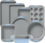 Pyrex (8-Piece) Metal Bakeware Set, Lightweight Stainless Steel Baking Trays with Heatsafe Silicone Handles, Cookie & Muffin Sheets, Round/Square Baking Pans, Cerulean